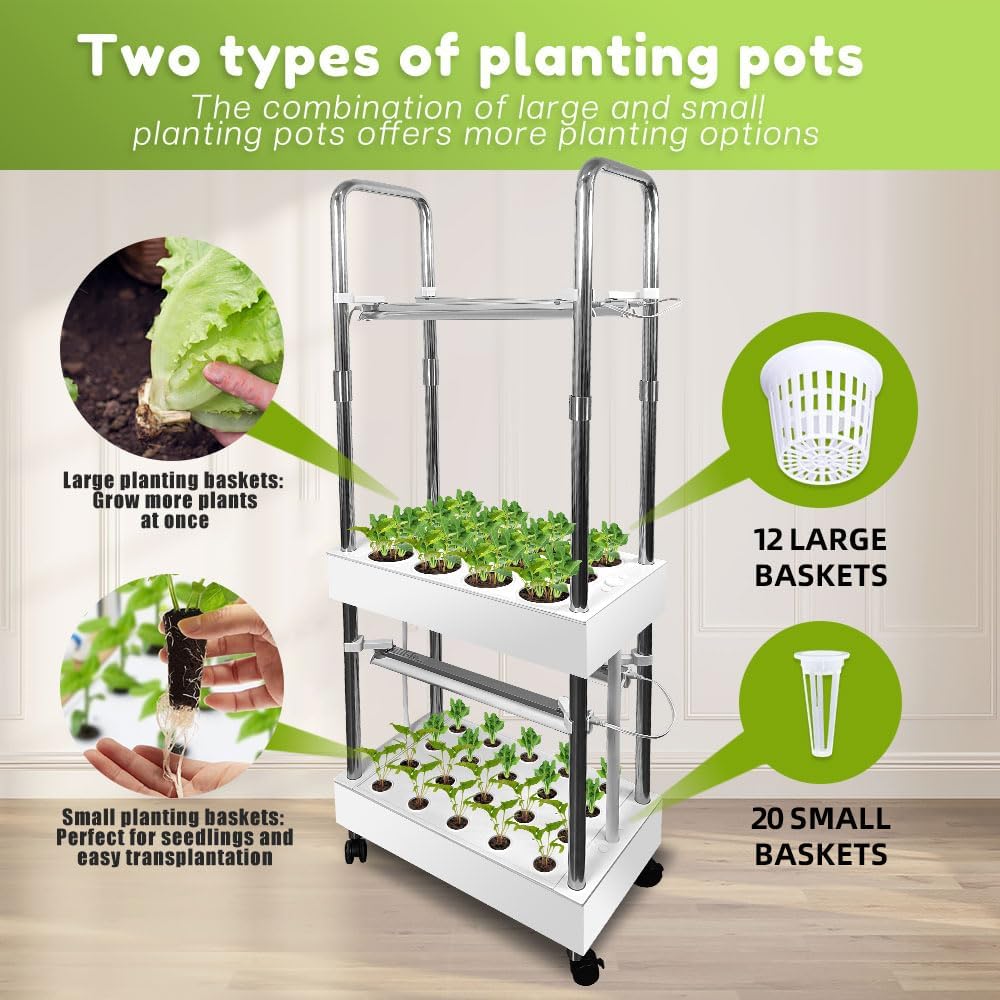 2-Tier Hydroponics Growing System for Tall & Climbing Plants, Awokabud Planters for Flowers and Plants,Indoor Herb Garden Kit with Adjustable LED Grow Light, Automatic Water Circulation-32 Pods