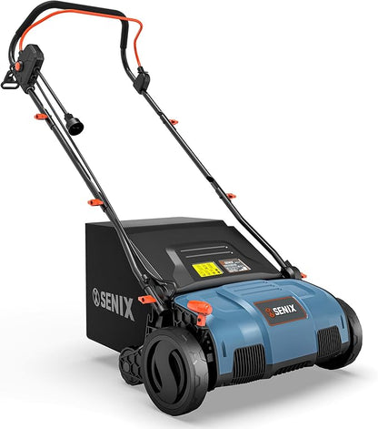 SENIX 13 Amp 15-Inch 2-in-1 Electric Dethatcher and Scarifier with 13.2-Gal Collection Bag,4-Position Depth Adjustment,Walk Behind for Lawn Garden Care Removing Thatch,Quick-Fold(SCE13-M)