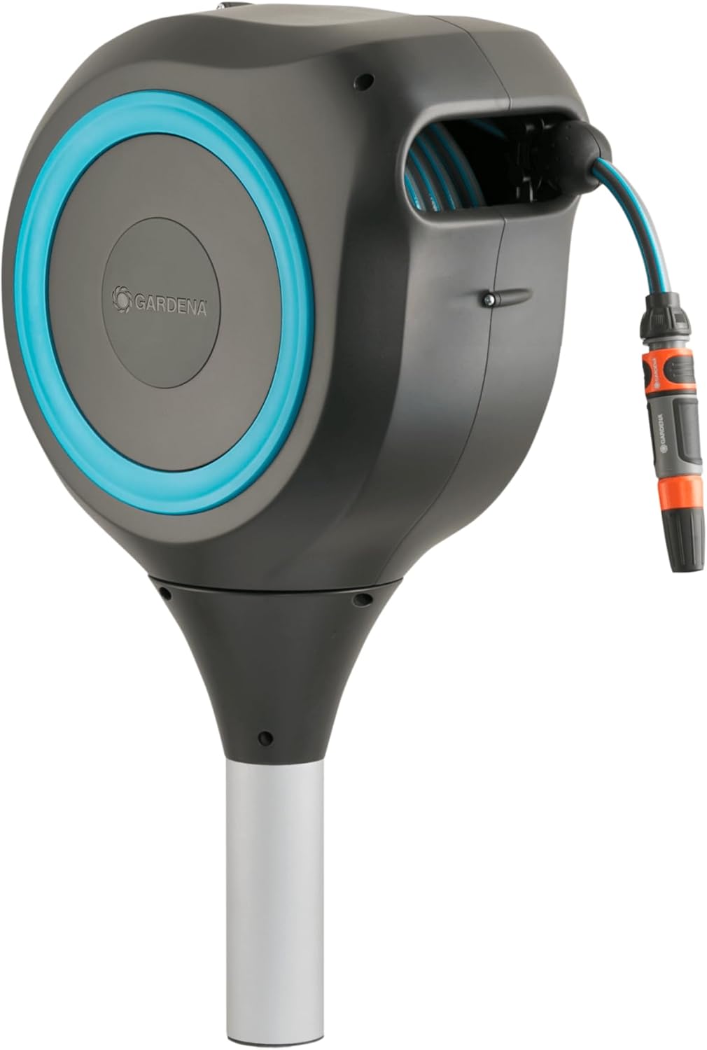 GARDENA 18614 | 66' x 1/2" Automatic Retractable Garden Hose Reel on Metal Spike, Outside Garden Hose with 360° swivel. No Holes in your house, Easy Installation, No Tools Required