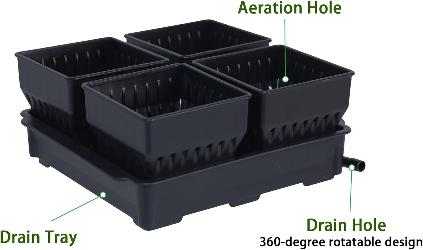Seed Starter Pots with Tray, 8 Cell Reusable Square Nursery Pots for Seedlings with Drainage Holes, Indoor Outdoor Plastic Gardening Containers for Herbs, Flowers & Vegetables (Black)
