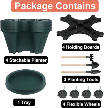 Vertical Planter 4 Tier Stackable Planters Garden Planters Strawberry Herb Flower and Vegetable Planter Indoor Outdoor Gardening Pots with Removable Wheels and Tools