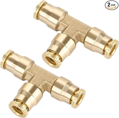 1/4" Quick Push to Connect Fittings Brass Union Tee Shaped Joint DOT Approved 1/4 Inch OD 3 Way Tube Air Line Adapter Air Spring Suspension Kit for Car Truck Trailers and Air Brake System 2pcs