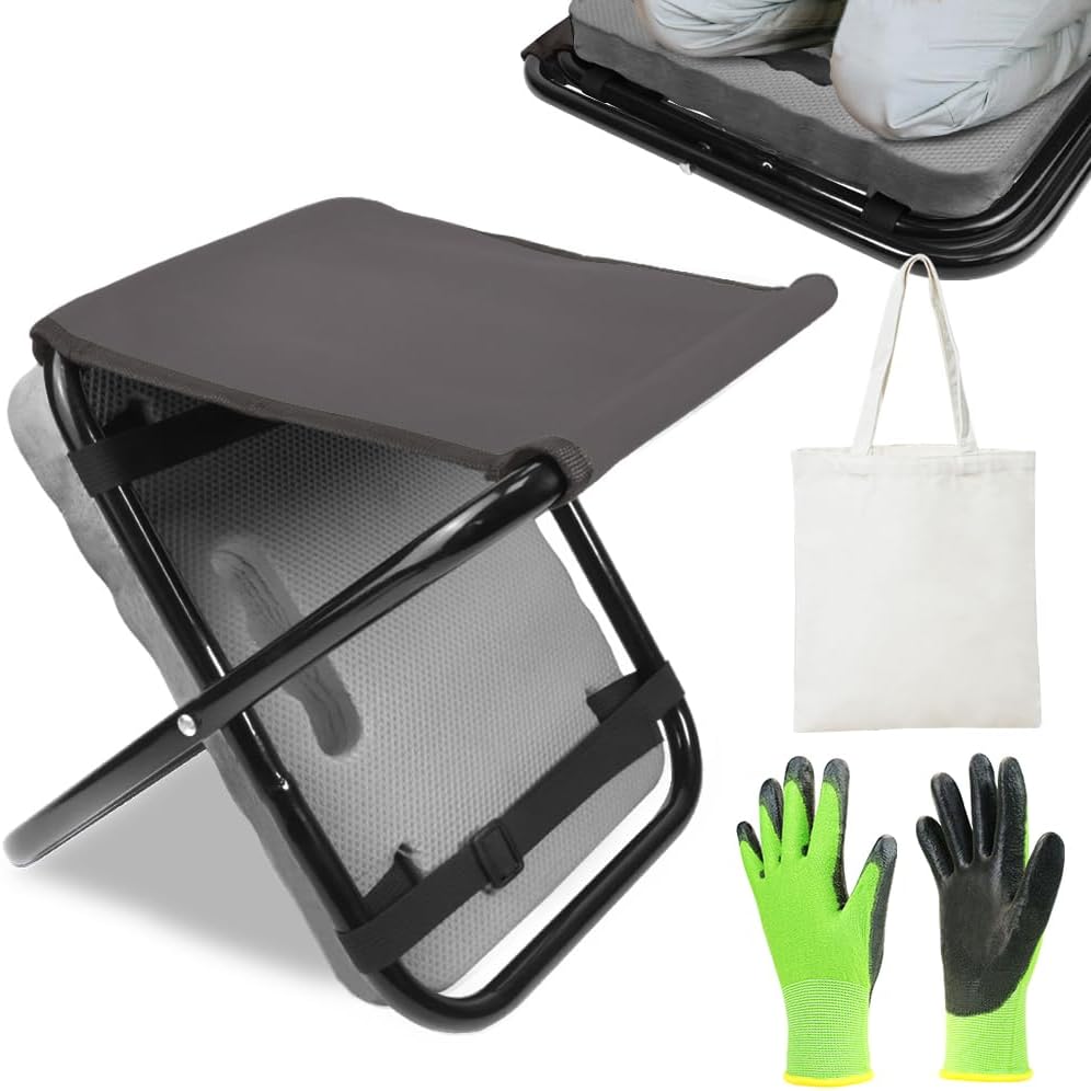 Garden Kneeler and Seat 2 in 1, Thick Soft Kneeling Pad and Foldable Gardening Stool with Gardenig Glove and Carry Tote Bag, Gardening Gifts for Women, Seniors, Mum and Dad (Grey)