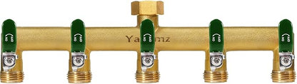 Garden Hose Splitter, 3/4” Rust and Freeze Resistant Outdoor Hose Manifold with 5 green Extra Long Handles Faucet Adapter-Heavy Duty Brass 5-Way Valve