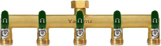 Garden Hose Splitter, 3/4” Rust and Freeze Resistant Outdoor Hose Manifold with 5 green Extra Long Handles Faucet Adapter-Heavy Duty Brass 5-Way Valve