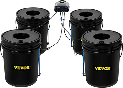 VEVOR DWC Hydroponic System, 5 Gallon 4 Buckets, Deep Water Culture Growing Bucket, Hydroponics Grow Kit with Pump, Air Stone and Water Level Device, for Indoor/Outdoor Leafy Vegetables