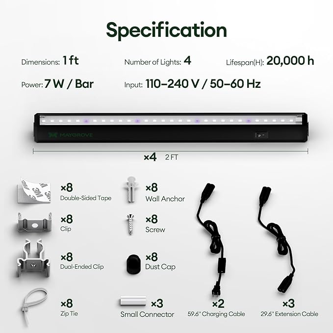 Plant Grow Lights 1FT, Blue-Rich Full Spectrum 5000K, 28W(4 x 7W), T5 LED Grow Light Strips for Indoor Plants and Succulents, High PPFD, Linkable, Black, 4-Pack