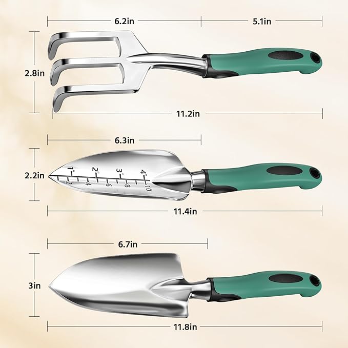LASZOLA 3 Piece Garden Tool Set Include Hand Trowel Rake and Transplant Shovel for Women, Indoor Heavy Duty Small Spade Kit with Ergonomic Handle to Weed and Loosen, for Mom and Plant Beginner, Teal