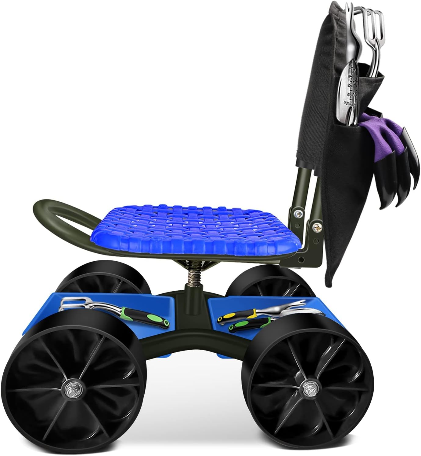 i Cover Garden Cart Rolling Stool with Four Wheels and Tool Bag, Stable Workseat Sturdy Carts Adjustable Seat Height and Direction, Gardening Helper, Dark Green