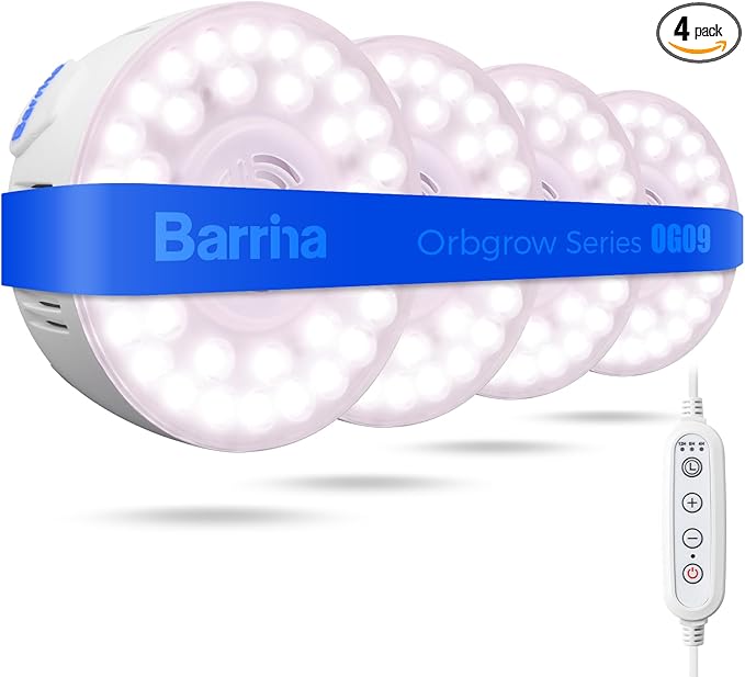 Barrina Orbgrow OG09 Puck Grow Light with Timer, Pinkish White 36W(4 x 9W, 540 Watt Equiv), Full Spectrum Plant Light for Indoor Plants, Magnetic & Linkable, 5 Levels Dimmable for Plant Shelf, 4 Packs