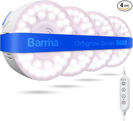 Barrina Orbgrow OG09 Puck Grow Light with Timer, Pinkish White 36W(4 x 9W, 540 Watt Equiv), Full Spectrum Plant Light for Indoor Plants, Magnetic & Linkable, 5 Levels Dimmable for Plant Shelf, 4 Packs