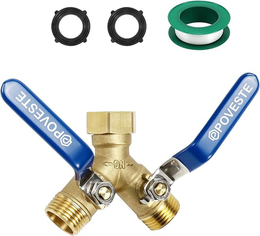 2 Way Brass Garden Hose Splitter Heavy Duty, Full Flow Y Valve Water Hose Splitter With Anti-Pinch Finger Long Raised Handle, 3/4" GHT Thread Water Tap for Gardening