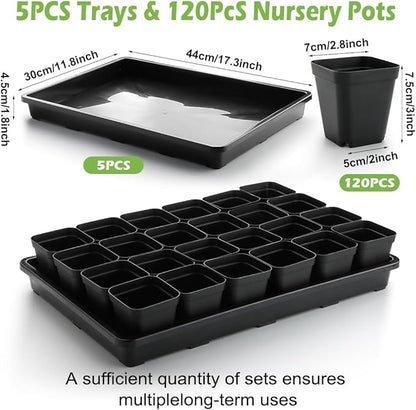 2.8 inch (7CM) Square Nursery Pots 120pcs with 5 Pack Seed Starter Trays, Durable Plastic Flat Seedling Tray (17"x11"x2") for Carrying and Holding Plant Nursery Pot (Black)
