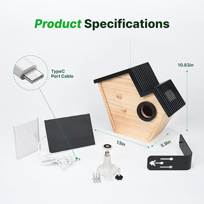 Smart Birdhouse with 2K HD Camera, Solar Powered & Battery, Night Vision, AI Bird Identification, Real-Time Alerts, APP Control, Outdoor Wooden Bird House, Ideal Gift for Bird Lovers