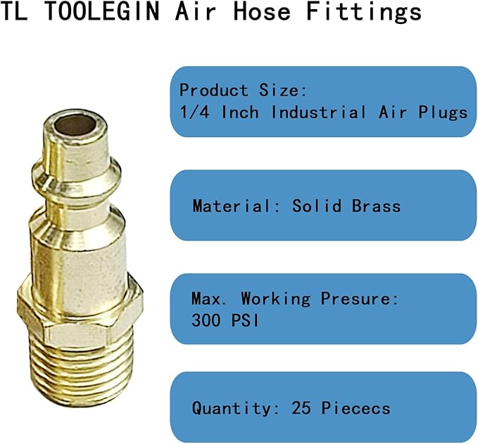 Air Hose Fittings 1/4" MNPT Industrial Air Plugs for Air Compressors 25pcs Brass Air Compressor Fittings Kit Quick Connect Air Fittings