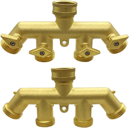 Hooshing Brass Garden Hose Splitter 4 Way 3/4" GHT Hose Connetor Spigot Adapter 4 Valves with Washers