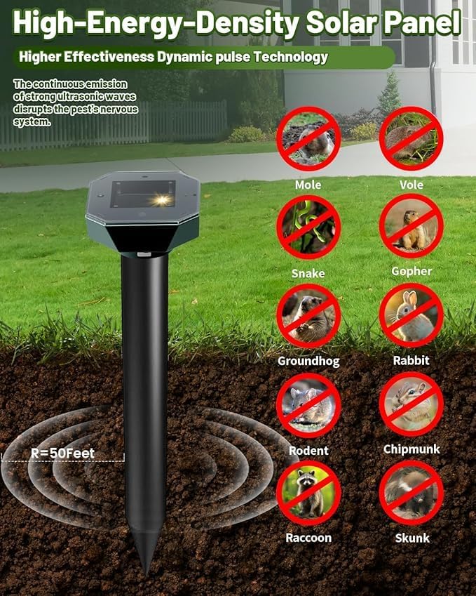 Snake & Mole & Rabbit & Skunk Repellent Solar Powered, 2025 Upgraded Ultrasonic Deterrent, IP65 Waterproof, Gopher Groundhog Chipmunk Raccoon and Vole Repellent & Deterrent for Lawn & Garden, 10 Pack