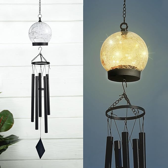 42 Inch Wind Chimes Outdoor Solar Lights, 15 Twinkle Warm White LED Large Sympathy Chime Crackled Glass Ball Birthday Gifts for Women Mom Grandma Decorative Hanging in Garden, Yard, Patio, Landscape