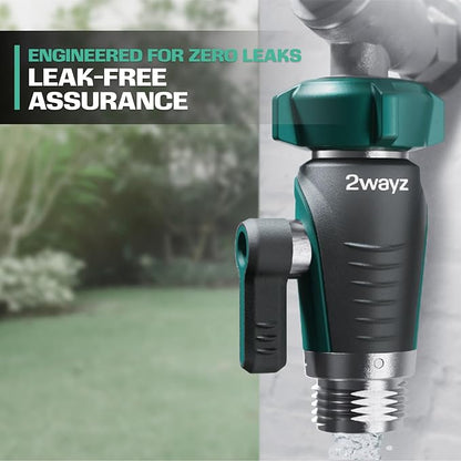 2WAYZ 0° Garden Hose Shut Off Valve - 3/4" Inlet & Outlet Heavy Duty Hose Connector - Full Metal Water Adapter with Large 1.6" Knob - 2.3 x 1.9 x 3.6 Inch Outdoor Fitting (Green and Black)