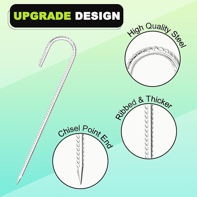 Kadrick Rebar Stakes 12 inch，J Hook Ground Stakes Anchors, 32-Pack White Galvanized Fence Stakes,Heavy Duty 5/16'' Diameter