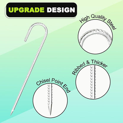 Kadrick Rebar Stakes 12 inch，J Hook Ground Stakes Anchors, 32-Pack White Galvanized Fence Stakes,Heavy Duty 5/16'' Diameter