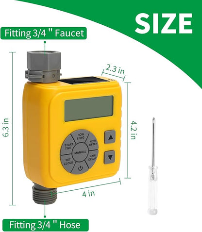 Sprinkler Timer, Programmable Irrigation Water Timer for Garden Hose, Solar/Battery Dual Power & Professional Leak-Proof Design, Rain Delay/Auto/Manual Watering System, Yellow
