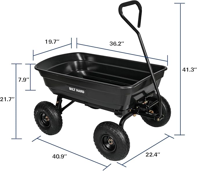 BILT HARD 600 lbs Poly Garden Dump Cart with 180° Rotating Handle, 4 Cu.Ft. Capacity Heavy Duty Garden Carts with No Flat Tires for Yard, Outdoor