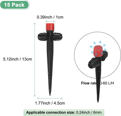 15-Pack Drip Irrigation Emitters Sprayers, Drippers on 5"/13mm Stake Adjustable 360 Degree Water Flow 8 Holes for 1/4" Drip Irrigation Tubing for Watering System [Red, Drip]