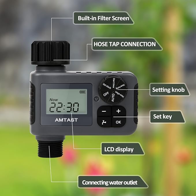 Sprinkler Timer Programmable Garden Hose Faucet Timer with Rain Delay/Manual/Automatic Drip Irrigation Function Watering System for Yard Crops Lawns Pool (1 Outlet, Black)
