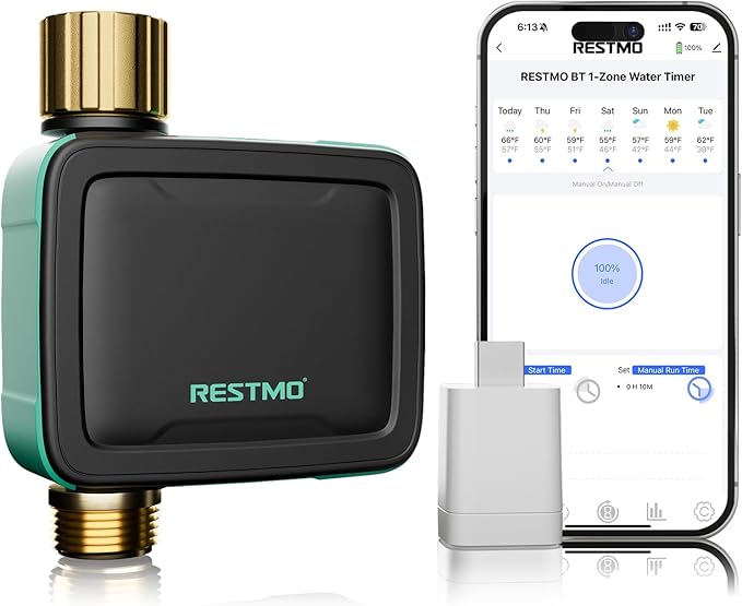 RESTMO Smart Sprinkler Timer with Flow Meter, Water Timer for Garden Hose, Brass Inlet & Outlet, Automatic Lawn & Yard Irrigation Watering System, APP Remote Control (2.4Ghz WiFi Connection)