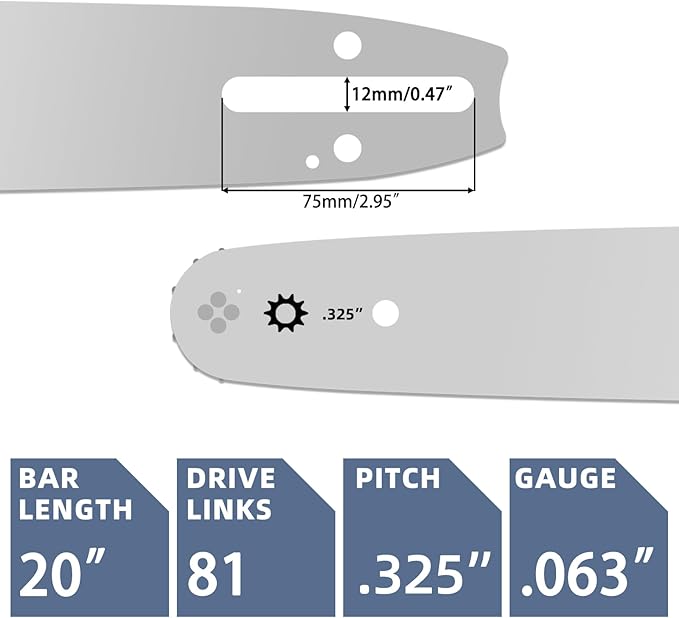 20 Inch Chainsaw Bar and Chain Combo for Stihl .325" Pitch .063'' Gauge 81 Drive Links Fits STIHL 20” Chainsaw Replacement Chains MS260 MS280 MS290 MS291 024 026 028 029 036 (3 Chains + 1Bar)