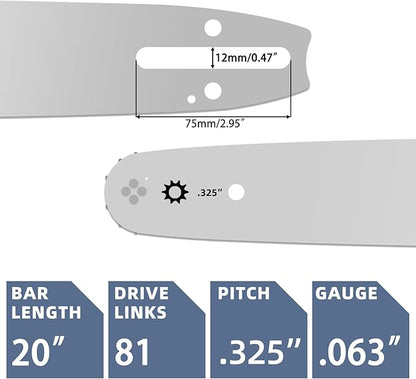 20 Inch Chainsaw Bar and Chain Combo for Stihl .325" Pitch .063'' Gauge 81 Drive Links Fits STIHL 20” Chainsaw Replacement Chains MS260 MS280 MS290 MS291 024 026 028 029 036 (3 Chains + 1Bar)