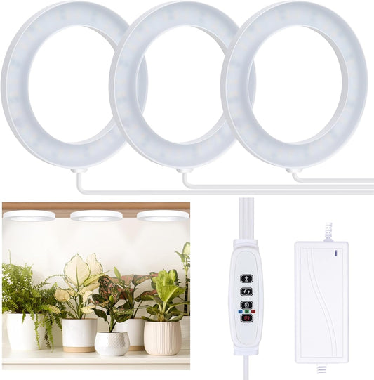 Full Spectrum Grow Light for Indoor Plants, 216 LEDs Halo Plant Light with Auto On/Off Timer (4/8/12H), 10-Level Brightness, 3 Lighting Modes, for Small Plants & Seedlings (White, Tri Head)