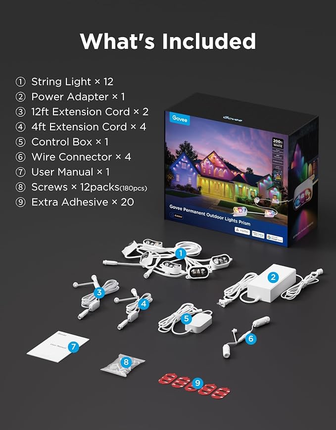 Govee Permanent Outdoor Lights Prism, 200ft with 72 Triple-Color Lighting Heads, 100+ Scene Modes, Up to 60lm for Outdoor Decor, IP68 Waterproof, Works with Alexa, Google Assistant & Matter, White