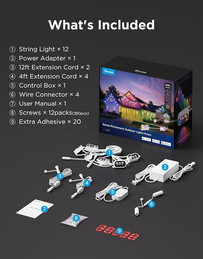 Govee Permanent Outdoor Lights Prism, 200ft with 72 Triple-Color Lighting Heads, 100+ Scene Modes, Up to 60lm for Outdoor Decor, IP68 Waterproof, Works with Alexa, Google Assistant & Matter, White