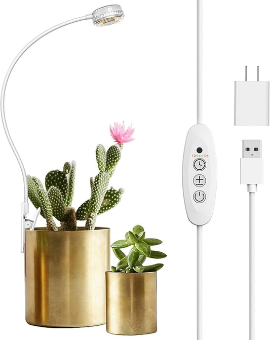 SANSI Grow Lights for Indoor Plants, Pot Clip LED Plant Lights for Indoor Growing, Full Spectrum, Plant Lamp with 4-Level Dimmable, Auto On Off 3 6 12 Hrs Timer for Succulents, Small Plant, White, 5V.
