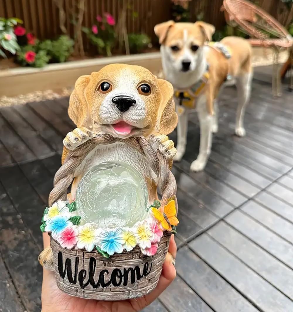 Solar Dog Statue for Outdoor Light Garden Yard Decor - Pupppy Figure for Decoration Gifts for Granpa Birthdays & Dog Lovers
