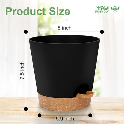 8-Inch Plant Pots, Self-Watering Planters with Drainage Holes & Saucers for Indoor and Outdoor Plants (2-Pack,Black)