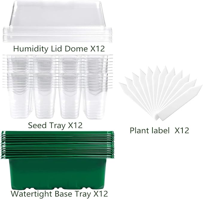 Seed Starter Tray, 12 Set Seedling Kits with Adjustable Humidity Dome, Plant Starter Kit for Seeds Growing Starting (12 Cells per Tray)