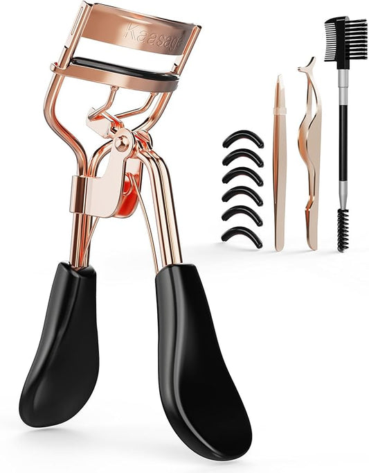 Kaasage Eyelash Curler for Lift and Curl, Professional Stainless Steel Makeup Eyelash Tool with Ergonomic Handle & 6 Replacement Pads for Long-Lasting Results
