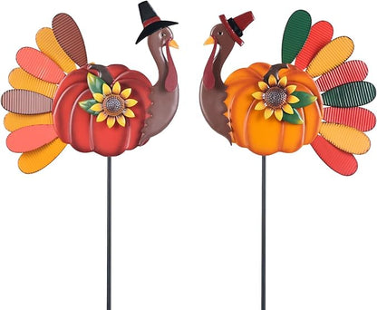 YEAHOME Thanksgiving Decorations Outdoor, 2PCS Turkey Decorative Garden Stakes with Sunflowers for Fall Thanksgiving Decor, Metal Yard Signs for Home Garden Lawn Porch Fall Decorations
