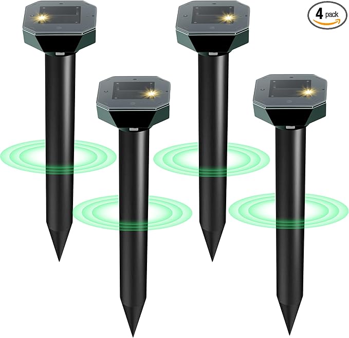 Snake & Mole & Skunk & Rabbit Repellent Solar Powered, Ultrasonic Deterrent, IP65 Waterproof, to Get Rid of Gopher, Groundhog, Rodent, Chipmunk, Raccoon, and Vole for Lawn & Garden, 4 Pack
