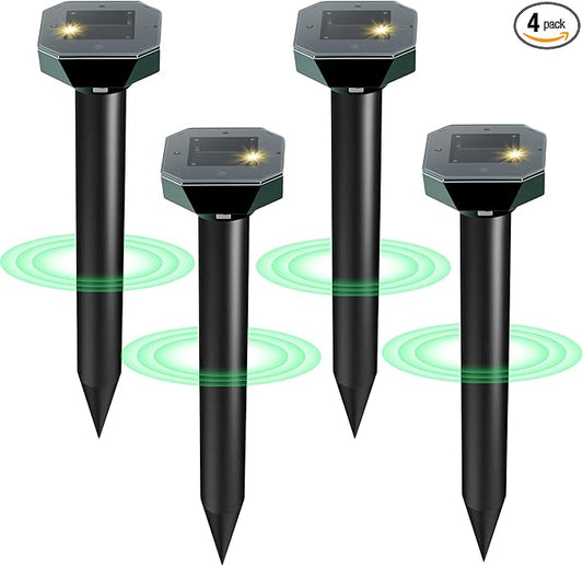 Snake & Mole & Skunk & Rabbit Repellent Solar Powered, Ultrasonic Deterrent, IP65 Waterproof, to Get Rid of Gopher, Groundhog, Rodent, Chipmunk, Raccoon, and Vole for Lawn & Garden, 4 Pack
