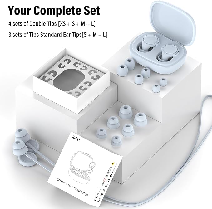 Ear Plugs for Sleeping Noise Cancelling - 35dB Reusable Ear Plugs with 7 Eartips and Carry Case - Flexible Hearing Protection - Replaceable Single/Double Eartips for Sleep, Focus, Travel, Work, Blue