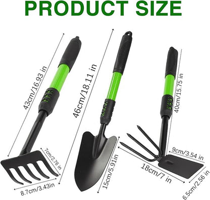 Garden Tool Set, 3Pack Gardening Tools, Stainless Steel Heavy Duty Hand Cultivator, Hoes, Shovel, for Planting Weeding Digging, Green