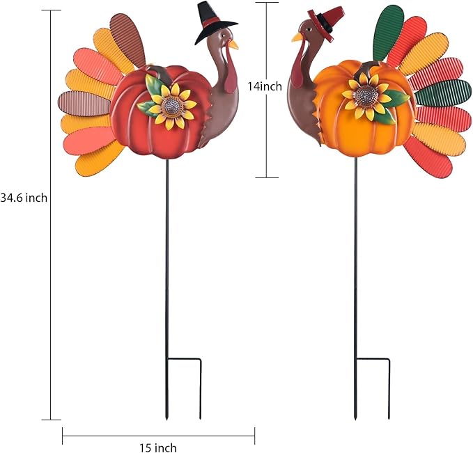 YEAHOME Thanksgiving Decorations Outdoor, 2PCS Turkey Decorative Garden Stakes with Sunflowers for Fall Thanksgiving Decor, Metal Yard Signs for Home Garden Lawn Porch Fall Decorations