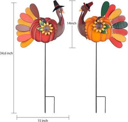 YEAHOME Thanksgiving Decorations Outdoor, 2PCS Turkey Decorative Garden Stakes with Sunflowers for Fall Thanksgiving Decor, Metal Yard Signs for Home Garden Lawn Porch Fall Decorations