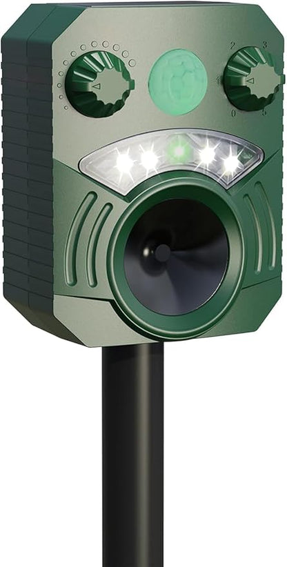 Solar Powered Animal Repeller Ultrasonic Dog Deterrent Waterproof Cat Repellent Outdoor Squirrel Deer Racoon Fox Control Device with RIP Sensor Flashing Light and 5 Modes