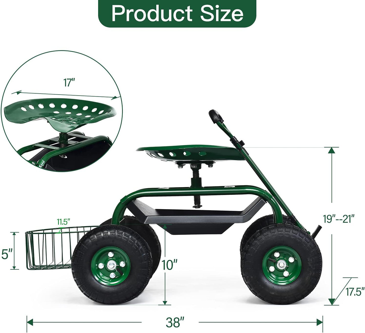 IRONMAX Garden Cart with Seat, Gardening Rolling Stool Scooter with 10’’ All-Terrain Wheels, Adjustable Steering Handle & Tool Tray and Basket for Outdoor Planting