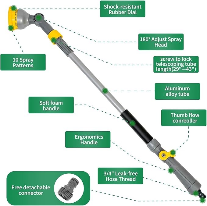 29”-43”Long Telescopic Tube Metal Watering Wand,Water Hose Sprayer Nozzle,180° Swivel Head|10 Spray Patterns|Flow Control, Perfect Garden Hose Wand to Water Hanging Baskets, Shrubs